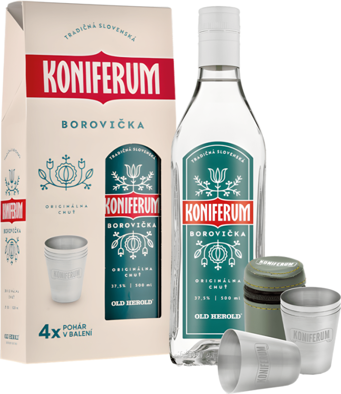 Koniferum Borovička 0,5l + 4 poháre 37,5% (darčekové balenie 4 poháre) Koniferum Borovička 0,5l + 4 poháre 37,5% (darčekové balenie 4 poháre)